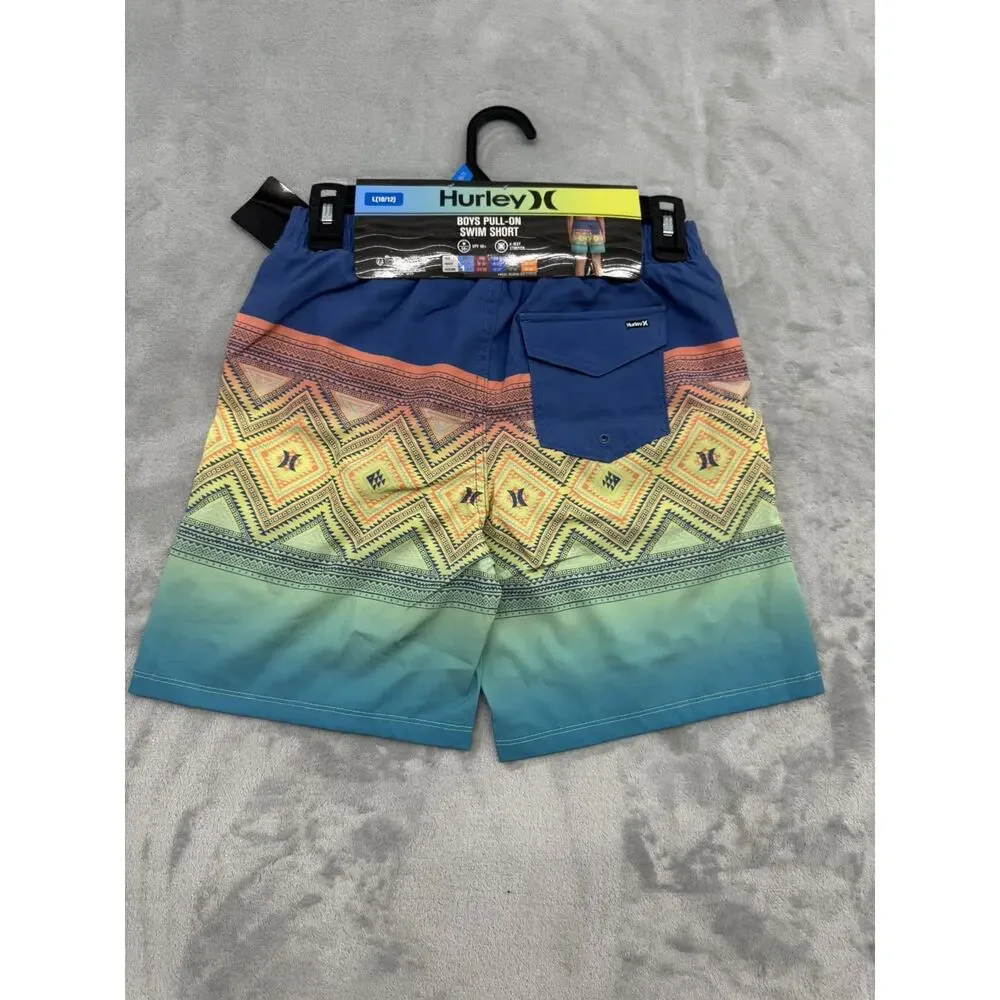 Hurley Boys Geometric Swim Shorts Blue Pink White L (10/12) Drawstring Stretch